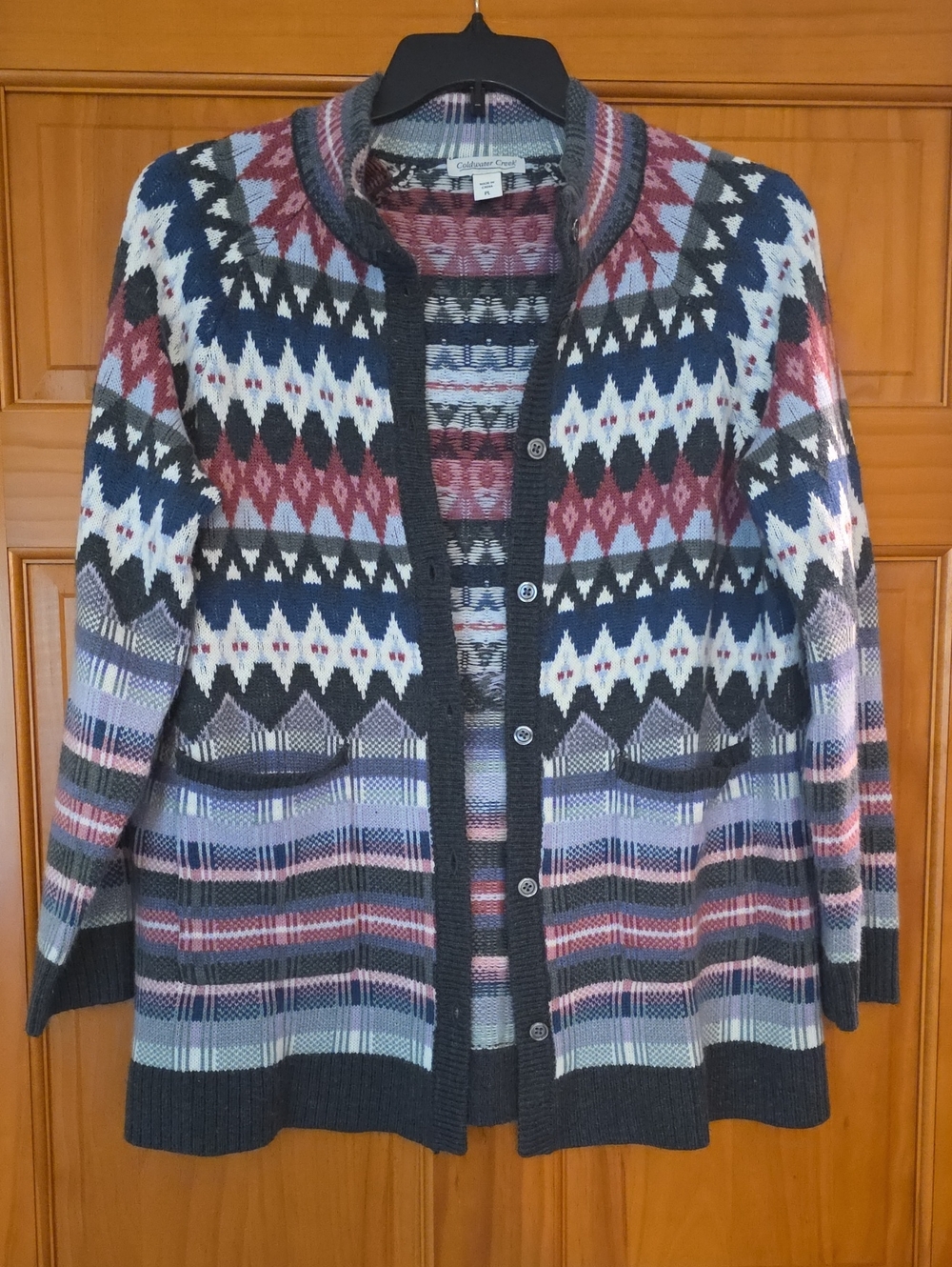 Coldwater Creek Fair Isle Cardigan Sweater Button Front Pockets Petite Large